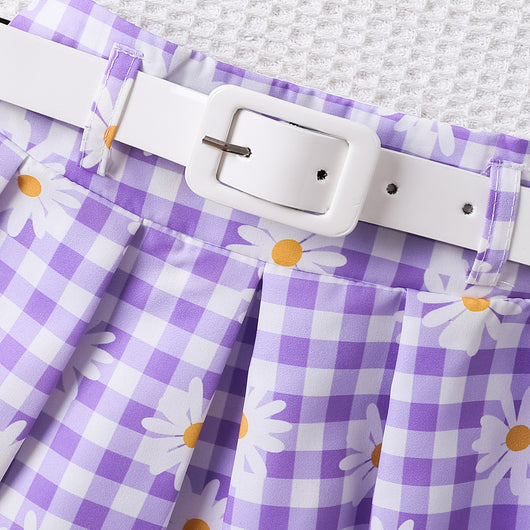 Conjunto de Tres Piezas para Niña: Top Sin Mangas a Rayas con Falda Cuadros Margarita y Cinturón - Image 14