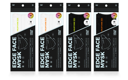 White V-shape face mask with pink ear loops, packaged in a clear and black pouch, size S, by Kalor Cvre. - Image 7