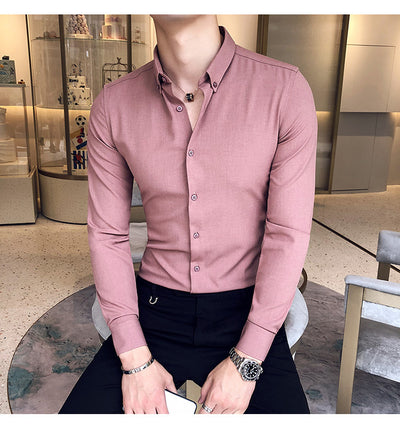 Camisa Manga Larga Estilo Gentleman Británico de Color Sólido - Image 35