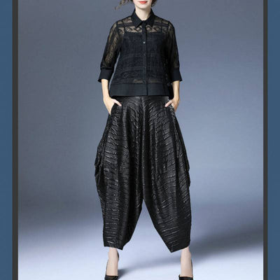 Conjunto Elegante: Camisa Jacquard Bordada + Pantalón Ancho Elástico - Image 4