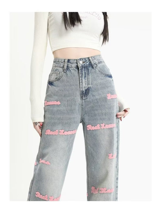 Jeans Rectos con Bordado de Letras Europeas - Image 10