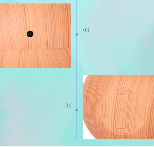Dark wood grain spherical USB humidifier with a green light and mist emitting from the top, featuring a power button icon. - Image 12