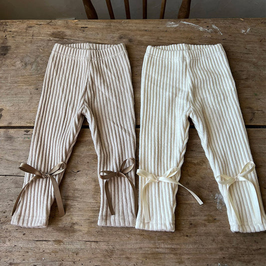 Leggings de Algodón con Rayas Hundidas y Moño Adorable