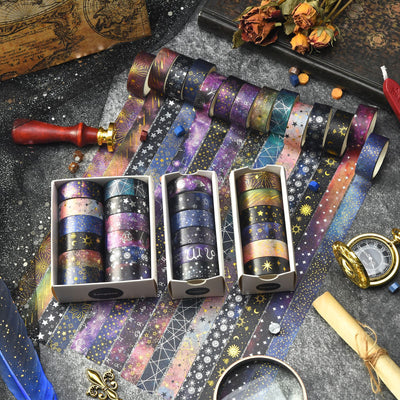 Set of six 1.5cm wide decorative tapes featuring starry sky, zodiac signs, moon phases, constellations, and planets. - Image 2