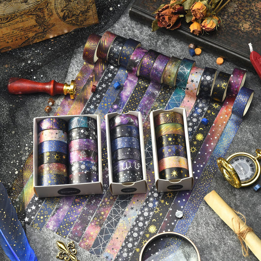Set of six 1.5cm wide decorative tapes featuring starry sky, zodiac signs, moon phases, constellations, and planets. - Image 2