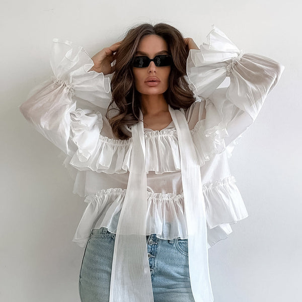 Blusa Elegante Estilo Francés con Cierre de Moño y Manga Larga