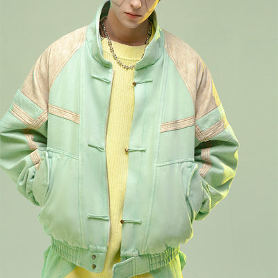 Chaqueta Corta de Piel Patchwork Estilo Chino Lavada y Reforzada