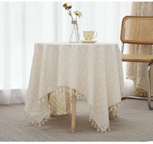 Mantel de Lino Algodón con Bordado de Margaritas y Macramé - Image 3