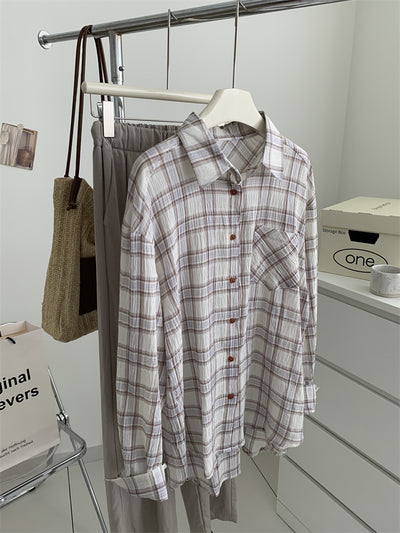 Camisa Cuadriculada de Algodón Retro Lavado Artístico para Mujer - Image 8