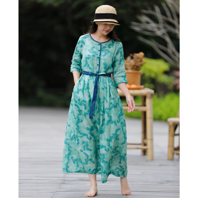 Vestido de Lino y Algodón Floral Estilo Verano con Cinturón Contraste - Image 17