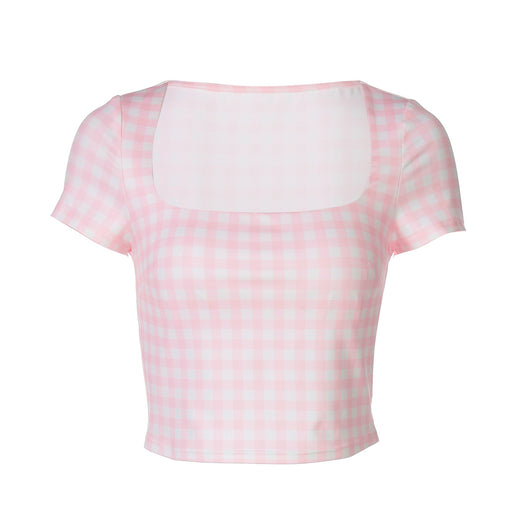Blusa Corta Estampado Cuadros Ajustada Ombliguera Manga Corta - Image 5