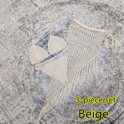 White 3-piece handmade crochet bikini set with triangle top, high-cut bottoms, and fringed mesh beach skirt. - Image 3