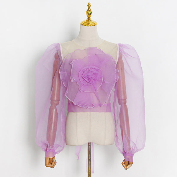 Blusa Cuello Redondo con Mangas Abullonadas y Flores en Relieve