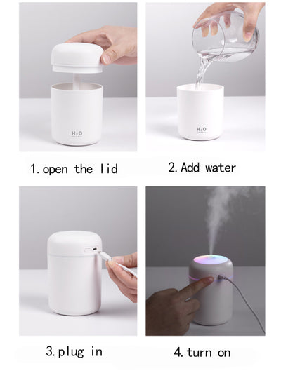 Pink ultrasonic aromatherapy essential oil diffuser with a colorful LED light band and top light, labeled H2O Humidifier. - Image 15