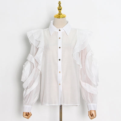 Blusa Organza Color Sólido con Cuello Solapa y Volantes - Image 13