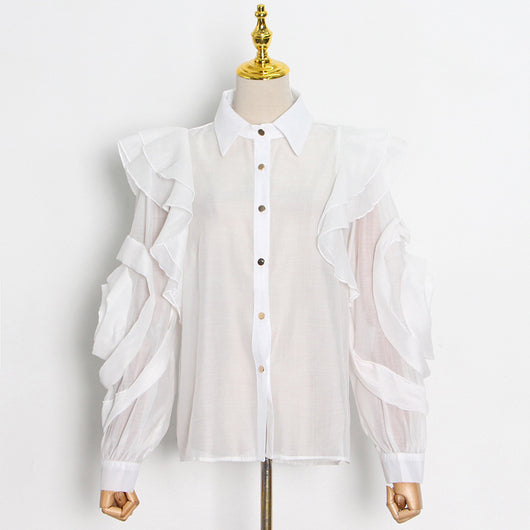 Blusa Organza Color Sólido con Cuello Solapa y Volantes - Image 13