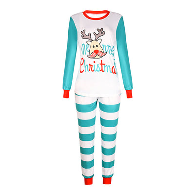 White and teal long-sleeve Christmas pajama set with a reindeer graphic and "Merry Christmas" text.