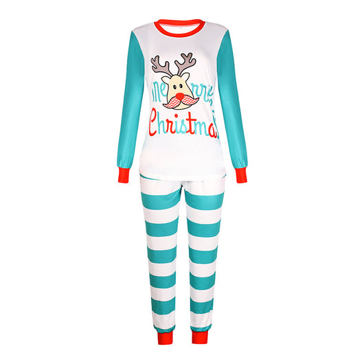 White and teal long-sleeve Christmas pajama set with a reindeer graphic and "Merry Christmas" text.