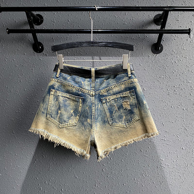 Short Denim Bordado Cintura Alta Pierna Recta con Roturas - Image 5