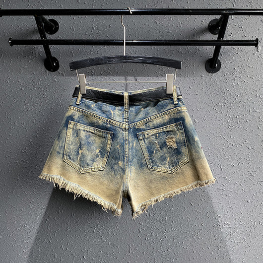 Short Denim Bordado Cintura Alta Pierna Recta con Roturas - Image 5