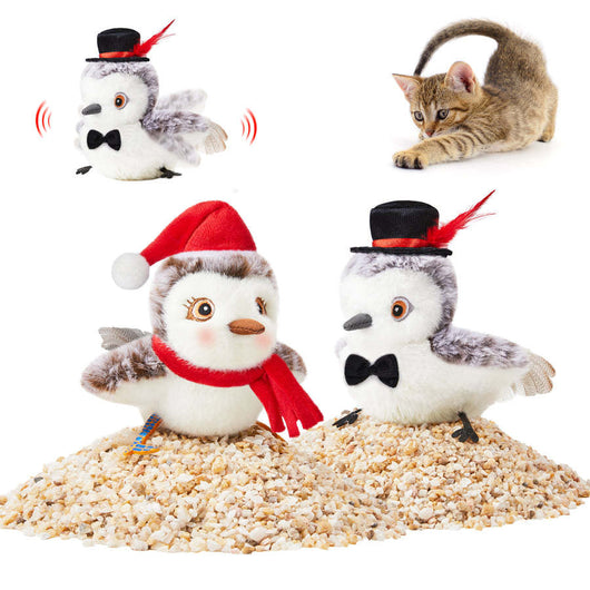 Interactive plush bird cat toy with brown and white fur, flapping wings, and a small tabby kitten observing. - Image 14
