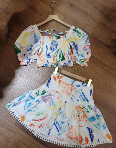 Conjunto Falda y Blusa Estampada con Cuello Cuadrado y Mangas Abullonadas - Image 3