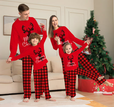 Family of four wearing matching red and black buffalo plaid Christmas pajamas with reindeer and "Merry Christmas" text. - Image 10