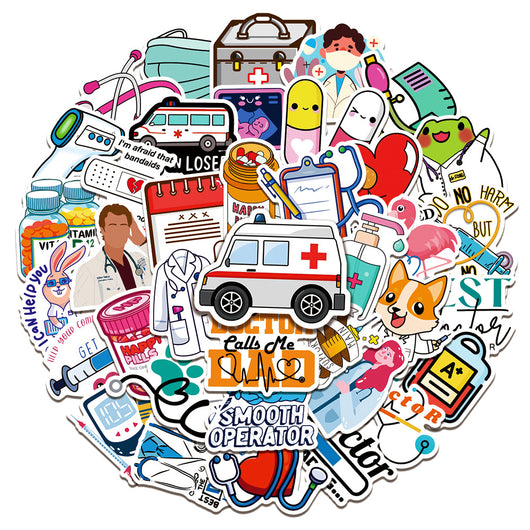 50 waterproof PVC stickers with a medical theme, featuring doctors, nurses, ambulances, and medical equipment. - Image 10