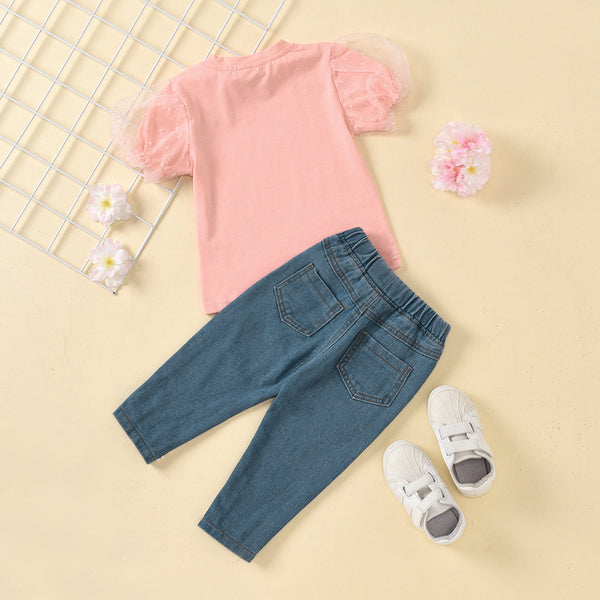 Conjunto de Blusa de Encaje y Jeans con Bolsillos Decorados