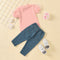 Conjunto de Blusa de Encaje y Jeans con Bolsillos Decorados
