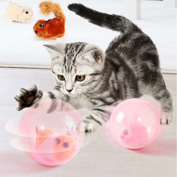 Beige plush simulated hamster cat toy with pink ears and a small tail, next to a translucent pink rolling ball.