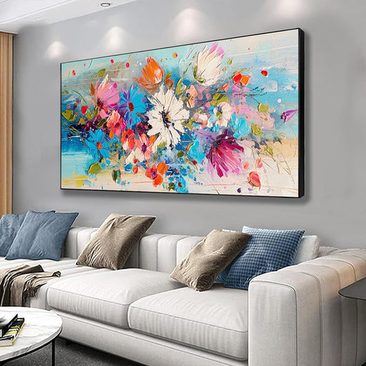 Cuadro Flores Primavera Óleo Grueso Pintura Artesanal Lienzo Grande Azules Modernos - Image 4