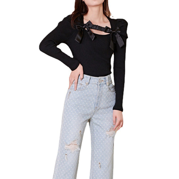 Blusa Elegante de Manga Larga con Moño Estilo Celebridades