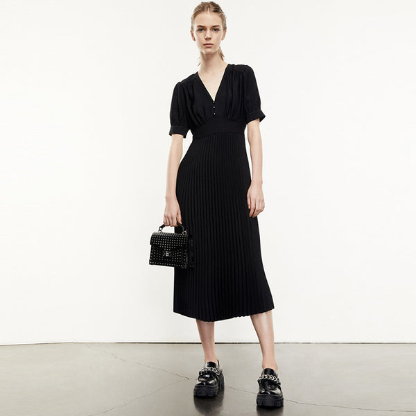 Vestido Largo Negro Elegante con Escote V y Cintura Alta