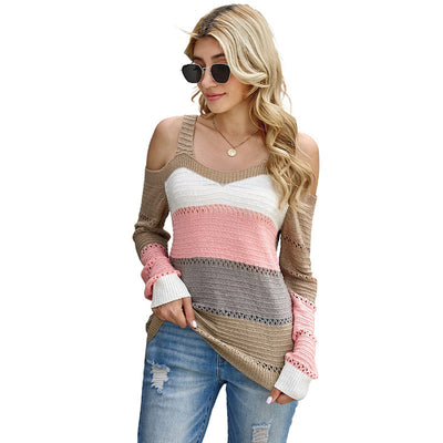 Suéter Hombro Descubierto Mujer Otoño Invierno Costuras Contrastantes Elegante - Image 9