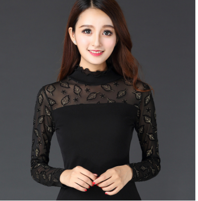 Blusa Ajustada de Encaje Mesh con Cuello Hongo - Manga Larga para Mujer - Image 4