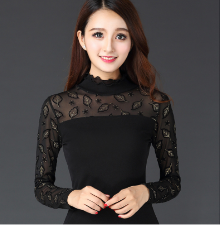 Blusa Ajustada de Encaje Mesh con Cuello Hongo - Manga Larga para Mujer - Image 4
