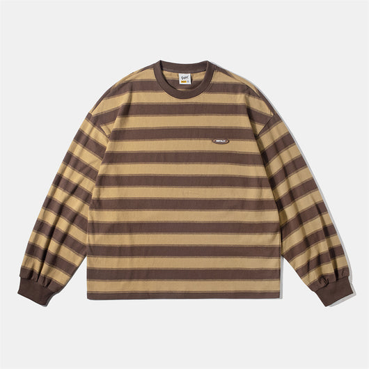 Camiseta Retro a Rayas Estilo Japonés Manga Larga Holgada Khaki para Parejas - Image 4