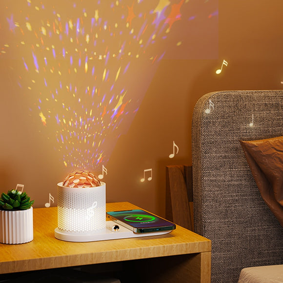 Parlante Bluetooth con Cargador Inalámbrico y Lámpara Nocturna Cielo Estrellado