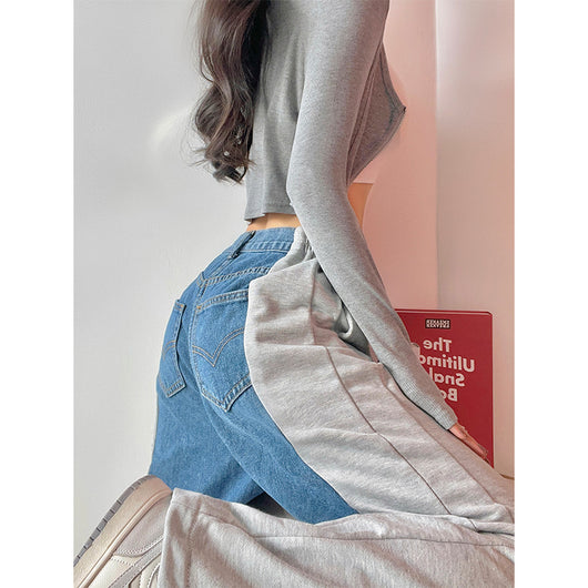 Pantalón Vaquero Talle Alto Pierna Ancha con Costuras Contrastantes para Mujer - Image 11