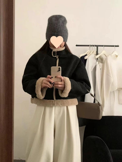 Abrigo Corto Retro con Cuello de Pie para Mujer - Lana de Cordero Invierno - Image 8