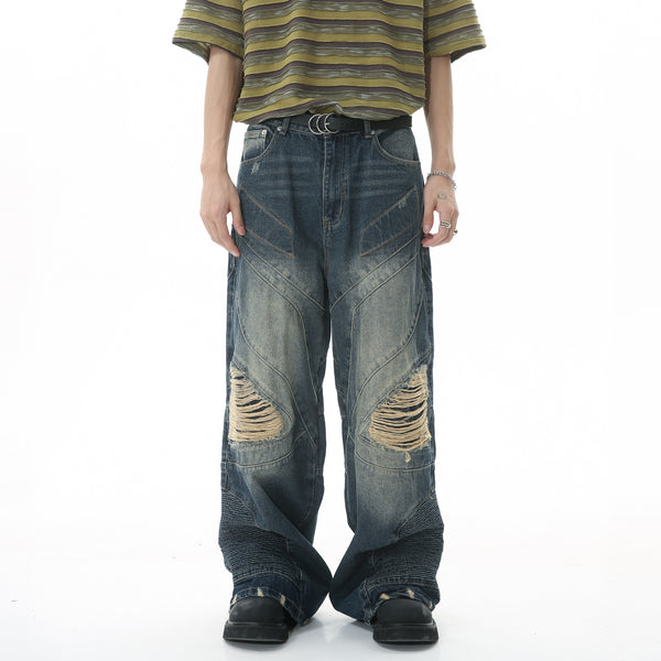 Pantalones Vaqueros Hip Hop Rotos Cintura Ancha con Costuras Decorativas