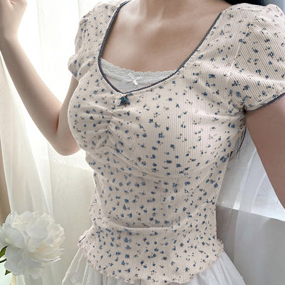Blusa Manga Corta con Cuello Cuadrado, Pliegues y Moño de Encaje - Image 16