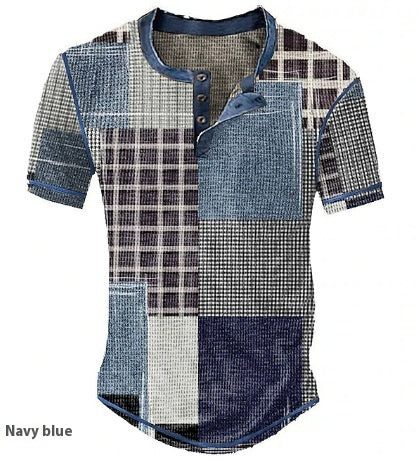 Camisa Henley Estampada de Cuadros Color Block para Hombre - Image 8