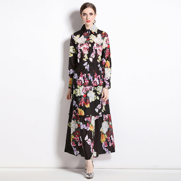 Conjunto Elegante Falda y Blusa Estampado Rosas Vintage