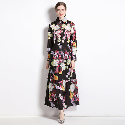 Conjunto Elegante Falda y Blusa Estampado Rosas Vintage