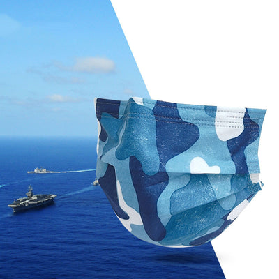 Blue camouflage disposable face mask with pleats and ear loops, featuring shades of blue and white. - Image 18