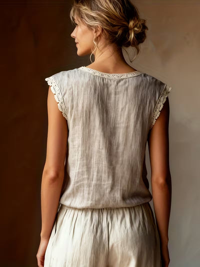 Blusa Suelta de Lino y Algodón sin Mangas con Encaje - Image 13