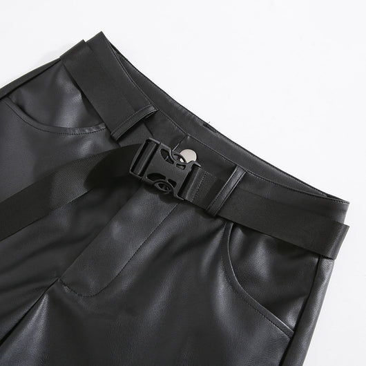 Pantalones de Cuero Talle Alto Rectos con Detalles Perforados Desmontables - Image 4
