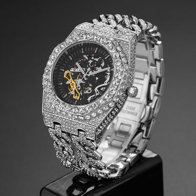 Reloj Automático Hip Hop con Cadena Cubana de Diamantes Completos y Eslabón Hueco - Image 2